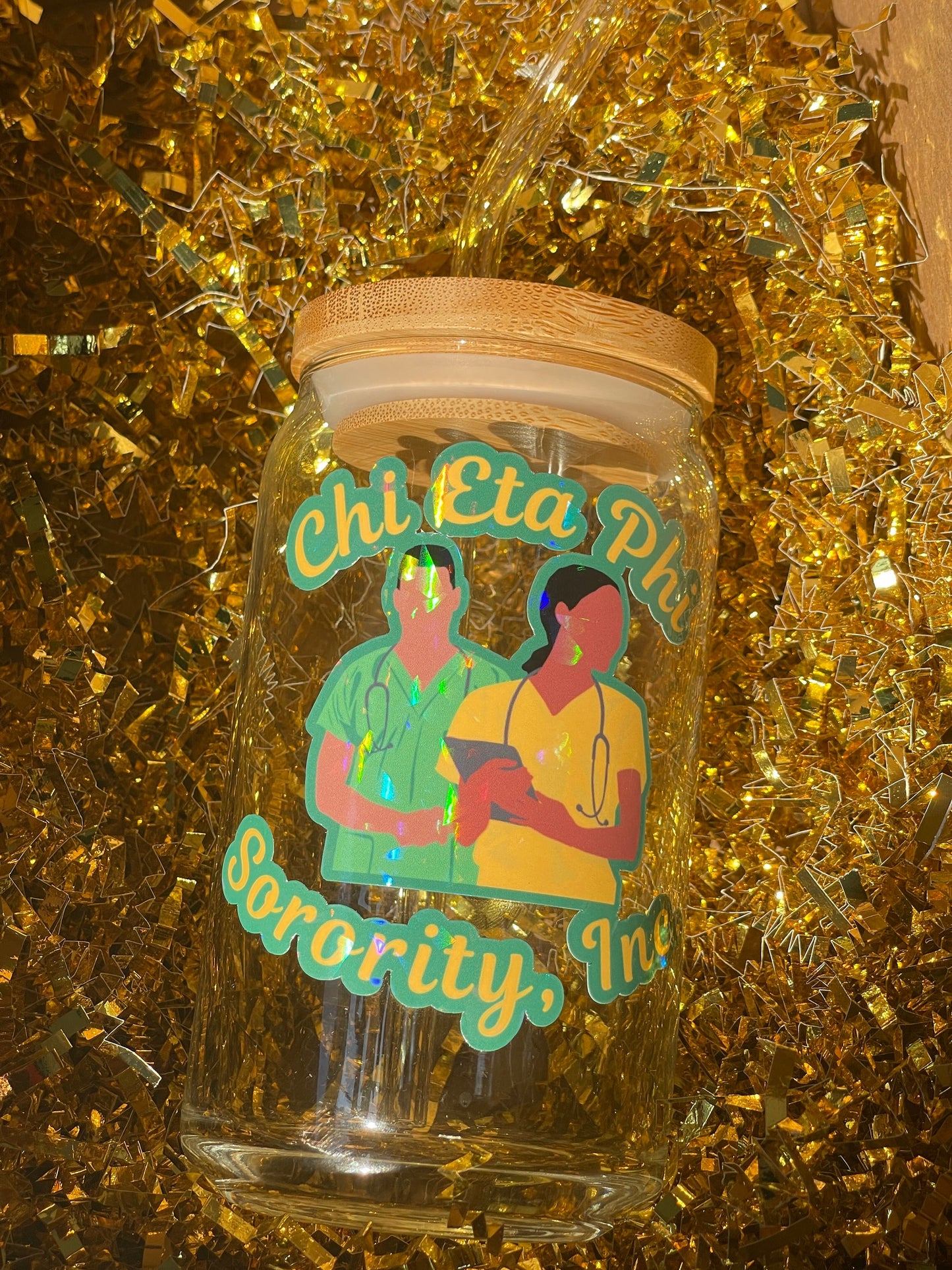 Chi Eta Phi Sorority Glass Can Cup | Cold Drink Cup | Nurse Gift | Reusable Straw & Bamboo Lid | Chi Line Gift