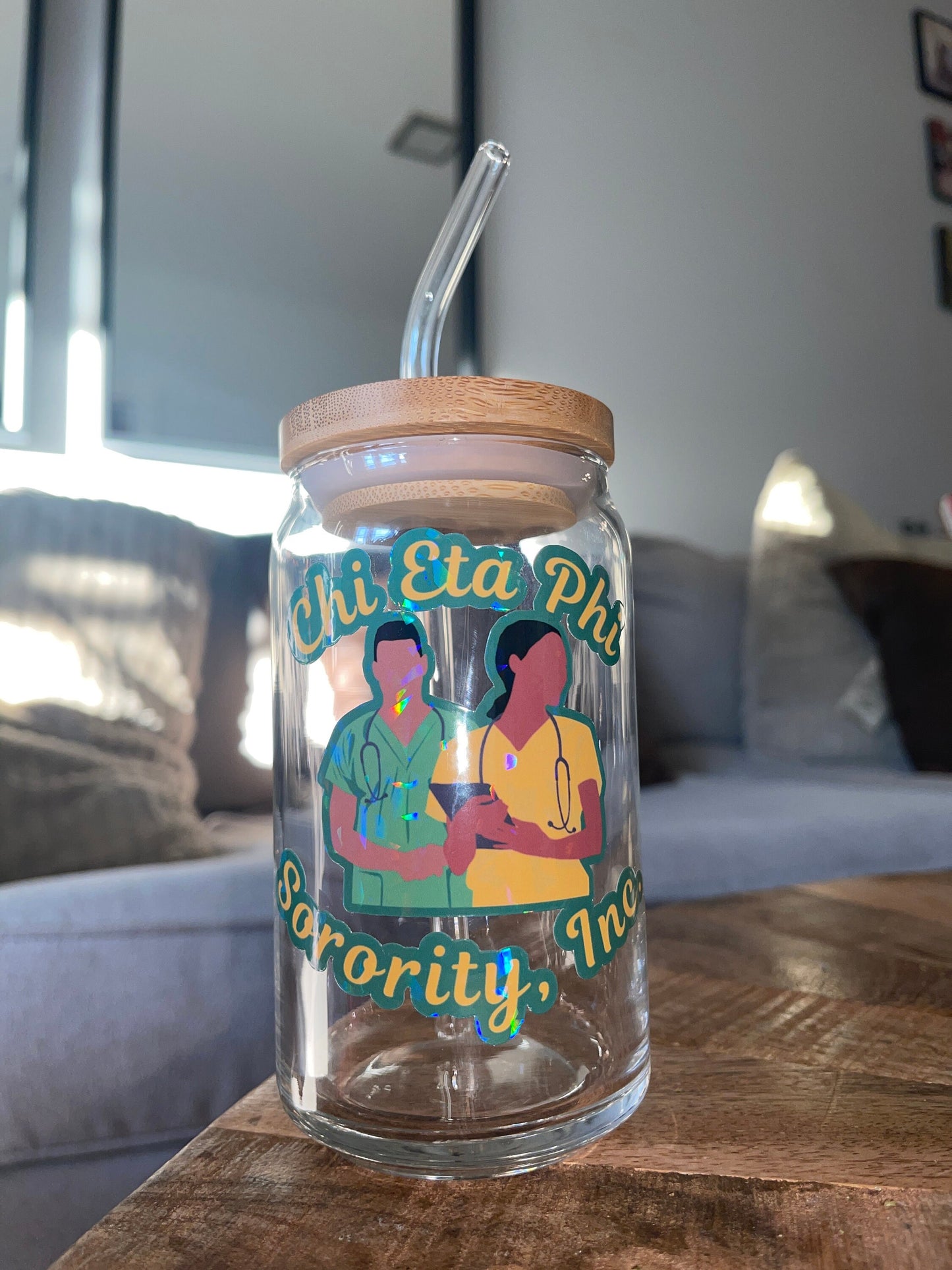 Chi Eta Phi Sorority Glass Can Cup | Cold Drink Cup | Nurse Gift | Reusable Straw & Bamboo Lid | Chi Line Gift